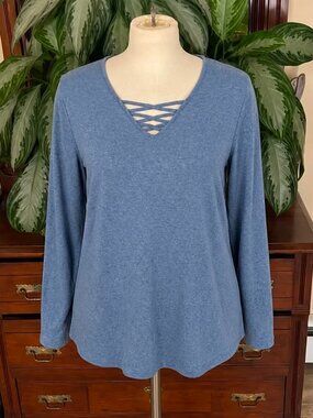 Studio 1886 Blue Crisscross V-Neck Long Sleeve Top 2X #009